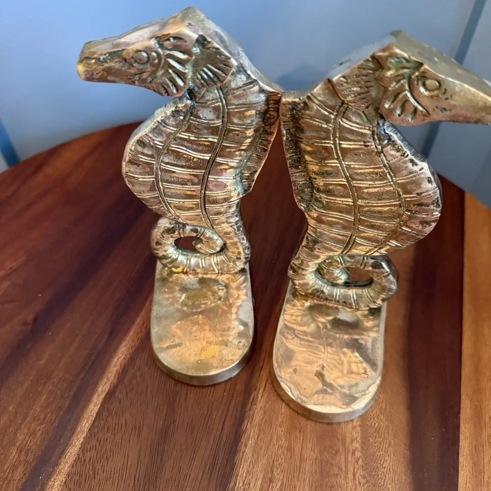 Vintage Brass Seahorse Bookends Pair Coastal Nautical Decor 7in